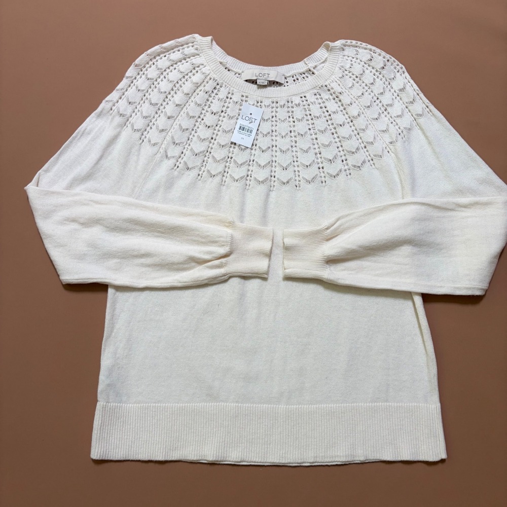 Loft Womens Cream White Pointelle Eyelet Yoke Wool Blend Sweater M New Soft Girl